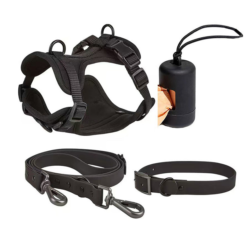 Dog wearing PVC harness on walk — complete 4-piece walking set | Pawnests